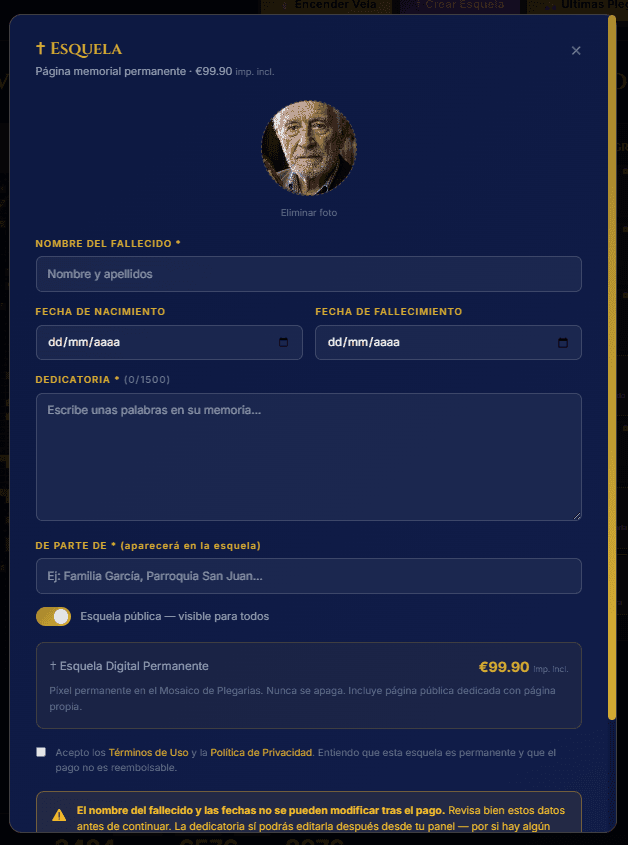 Formulario para crear una esquela digital en Plegarias.org
