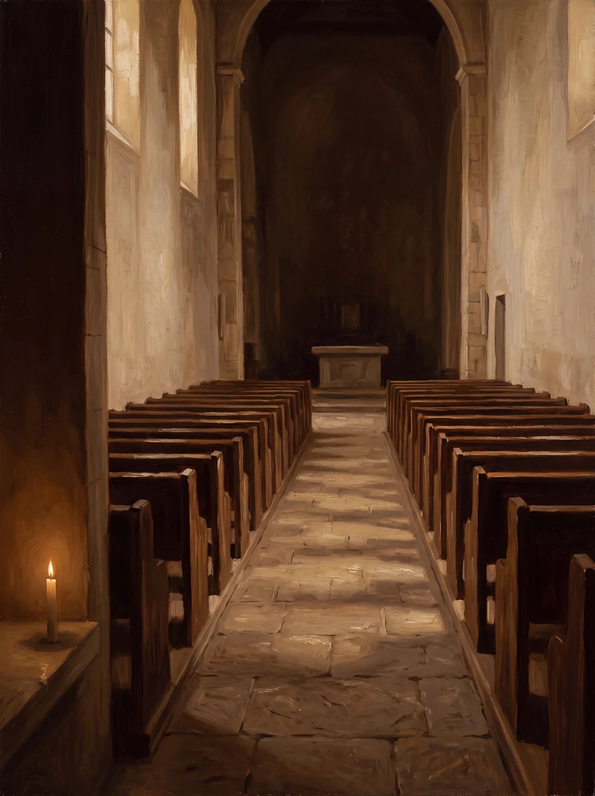 Nave de una iglesia antigua vista hacia el altar, con los bancos vacíos y la luz entrando por una ventana alta