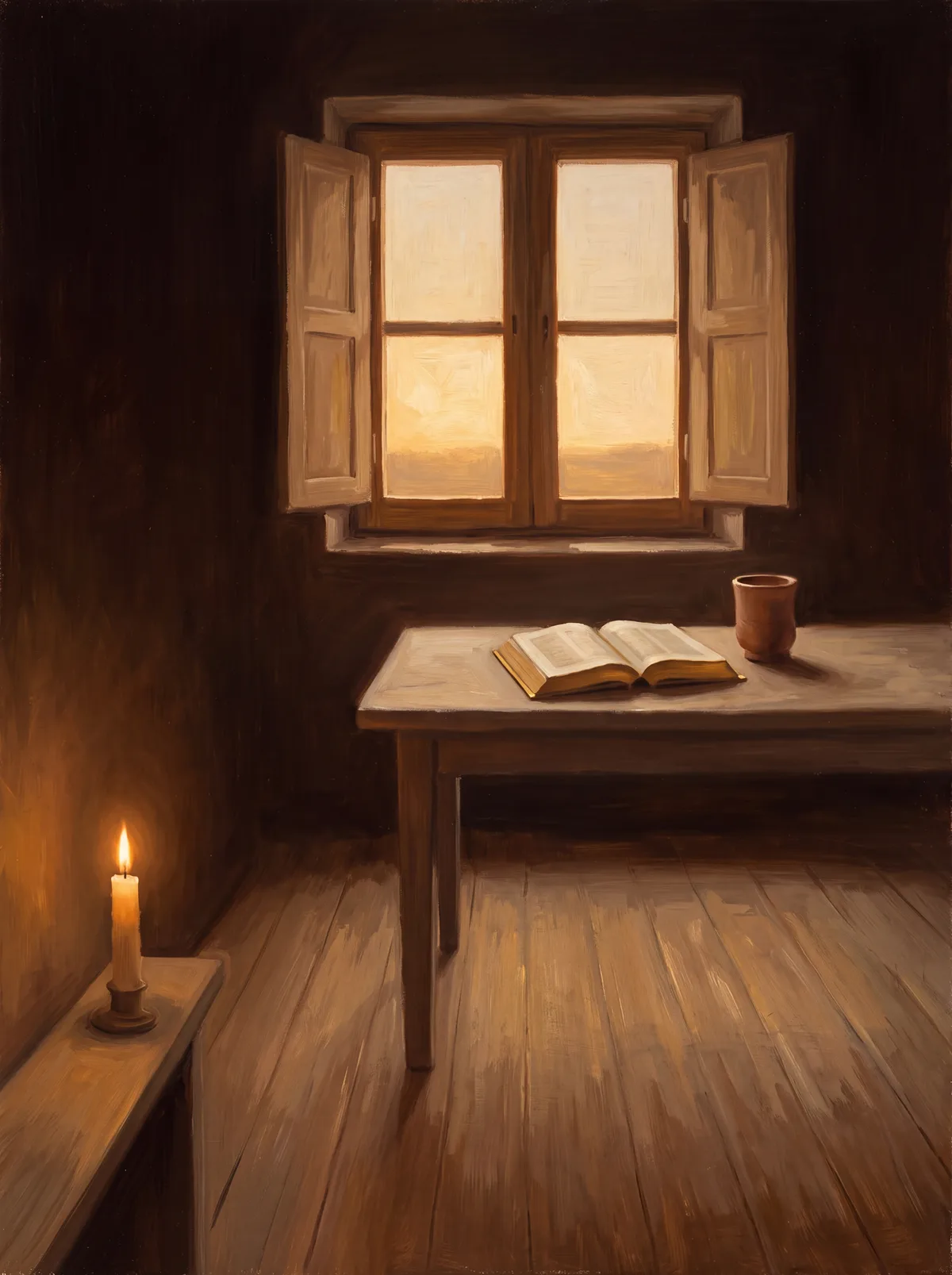 Habitación sencilla al amanecer, con la primera luz entrando por una ventana de contraventanas abiertas