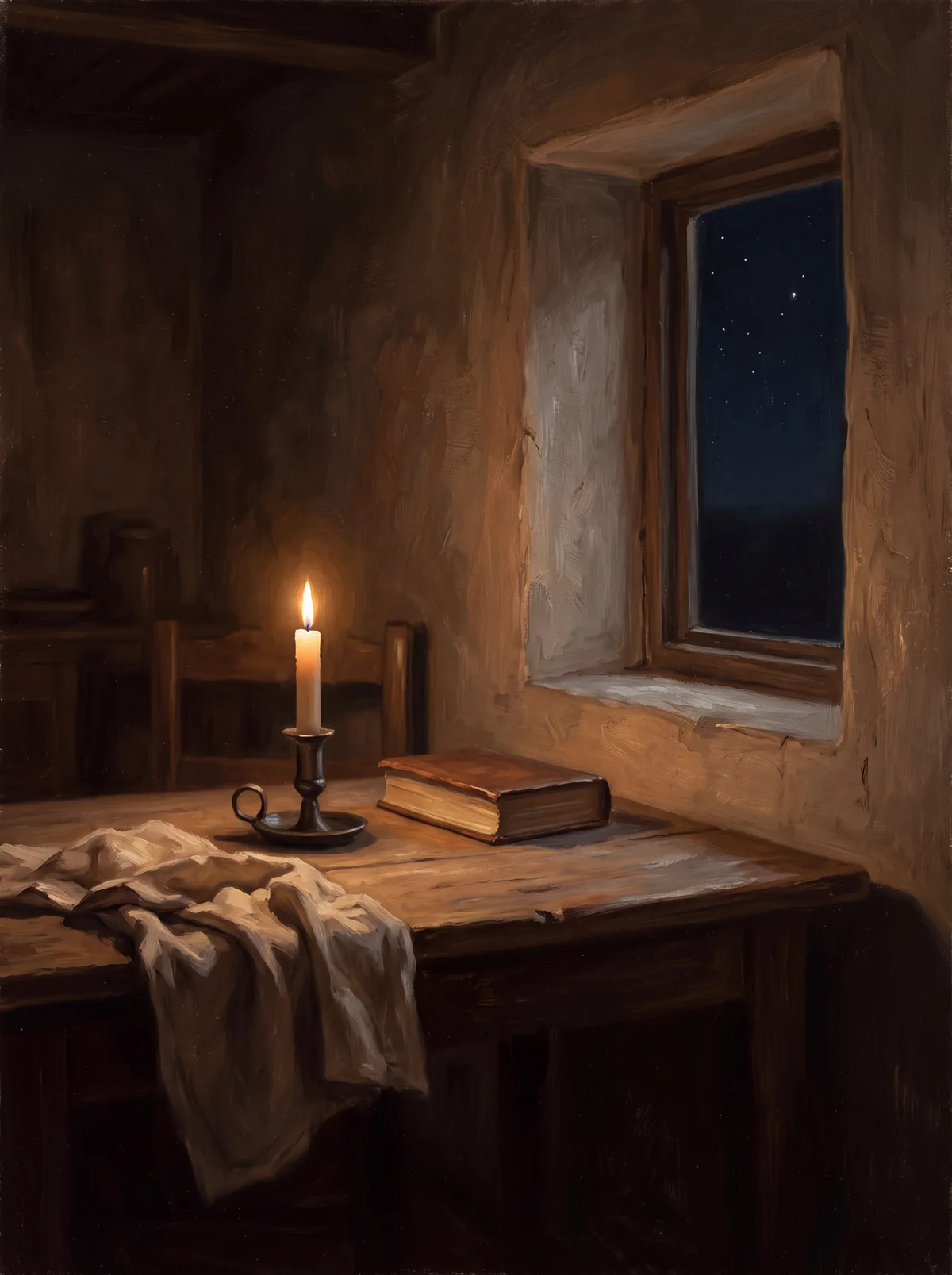 Habitación de noche con una vela encendida sobre una mesa junto a una ventana con estrellas