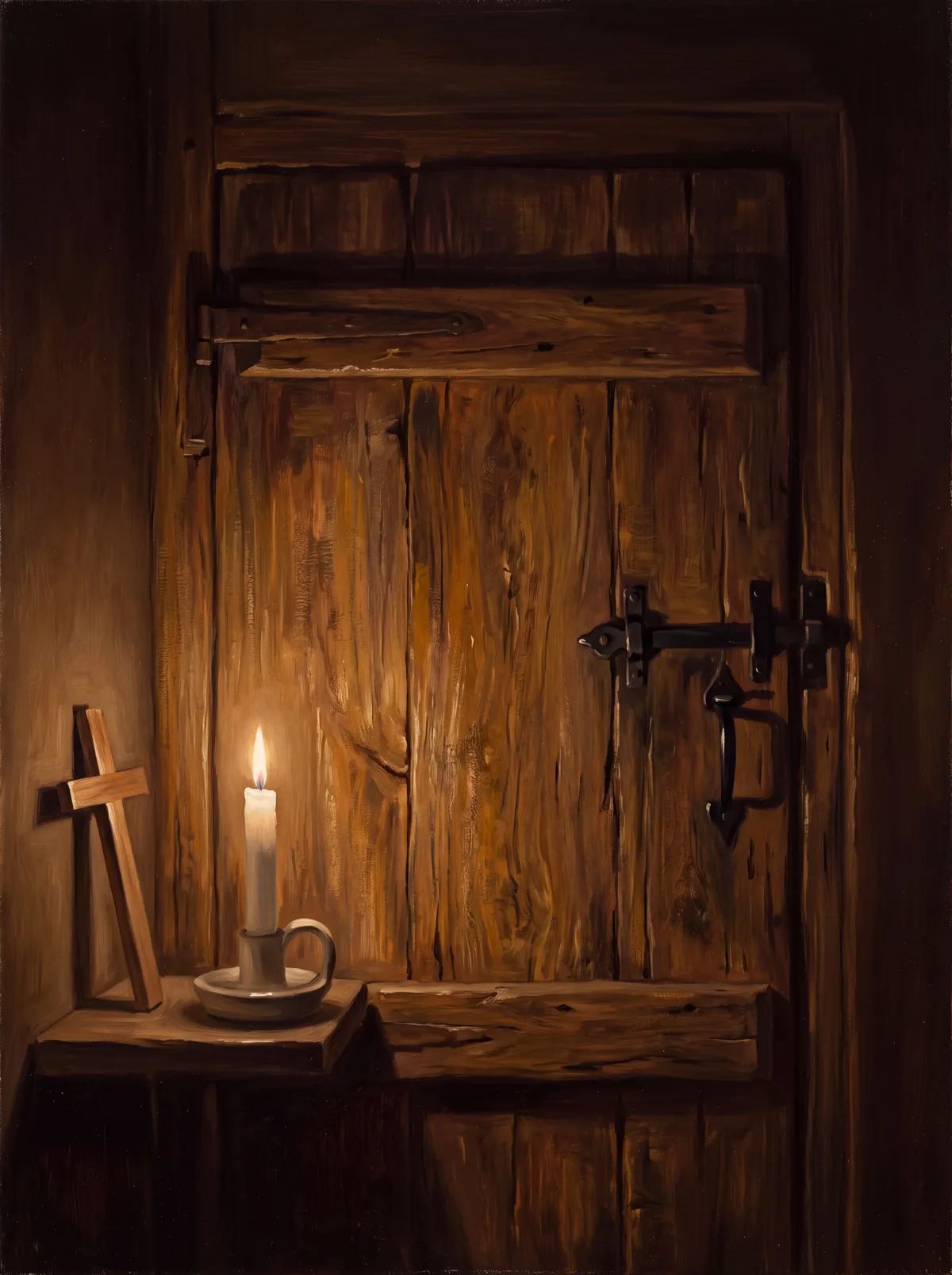 Una vela encendida y una sencilla cruz de madera junto a una vieja puerta de madera cerrada con un pestillo de hierro, en penumbra