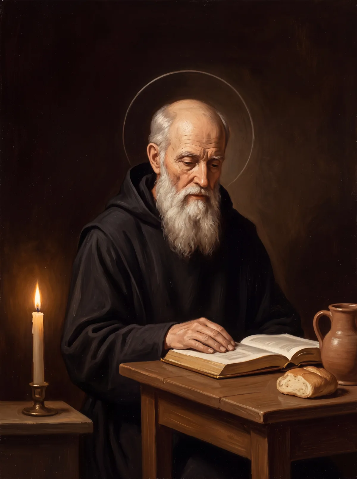 San Benito de Nursia escribiendo la Regla en su escritorio, junto a un pan y una jarra de barro