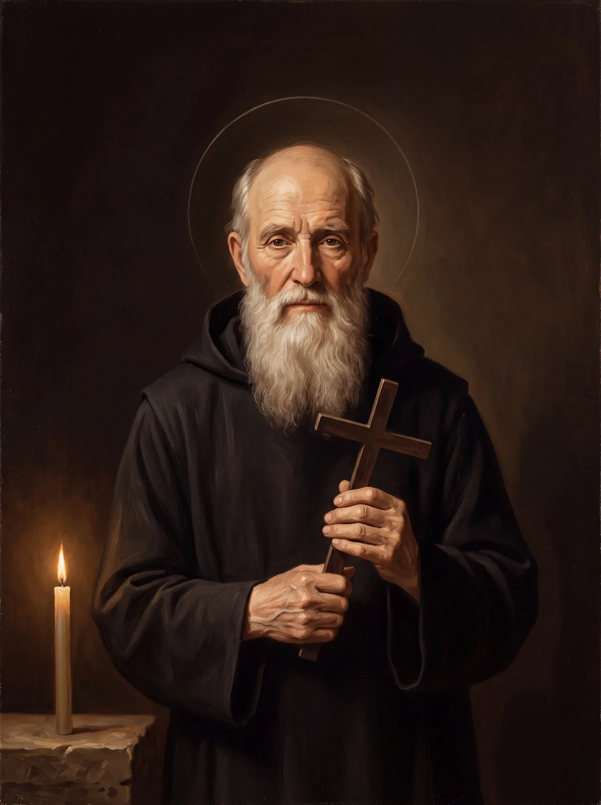 San Benito de Nursia sosteniendo en alto una cruz de madera sencilla