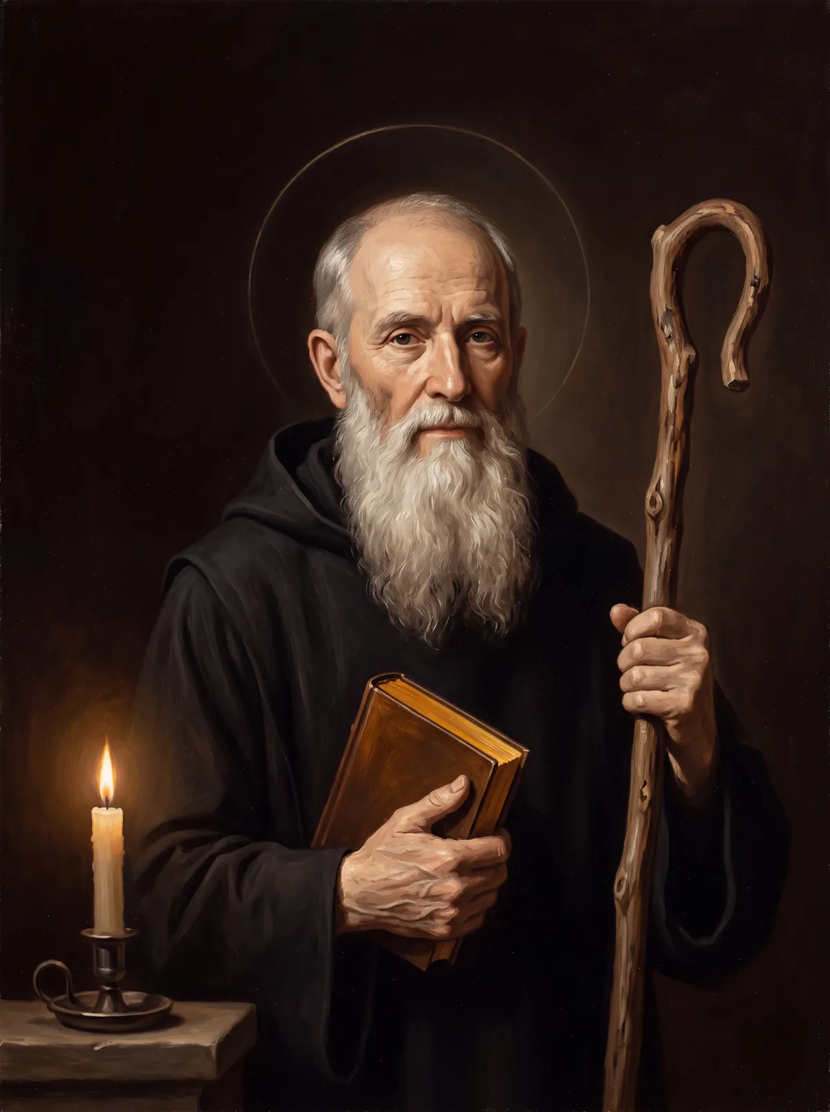 San Benito de Nursia con el hábito benedictino, sosteniendo un báculo de madera y el libro de su Regla