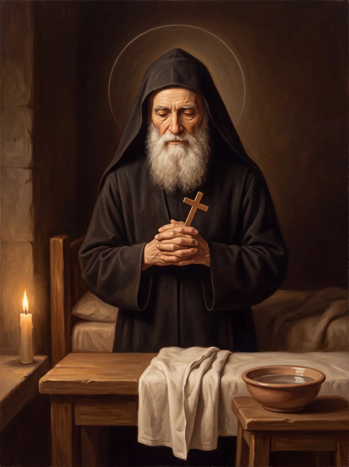 San Charbel con el hábito negro y la capucha puesta reza con las manos juntas junto a una cama sencilla, un paño blanco doblado y un cuenco de agua