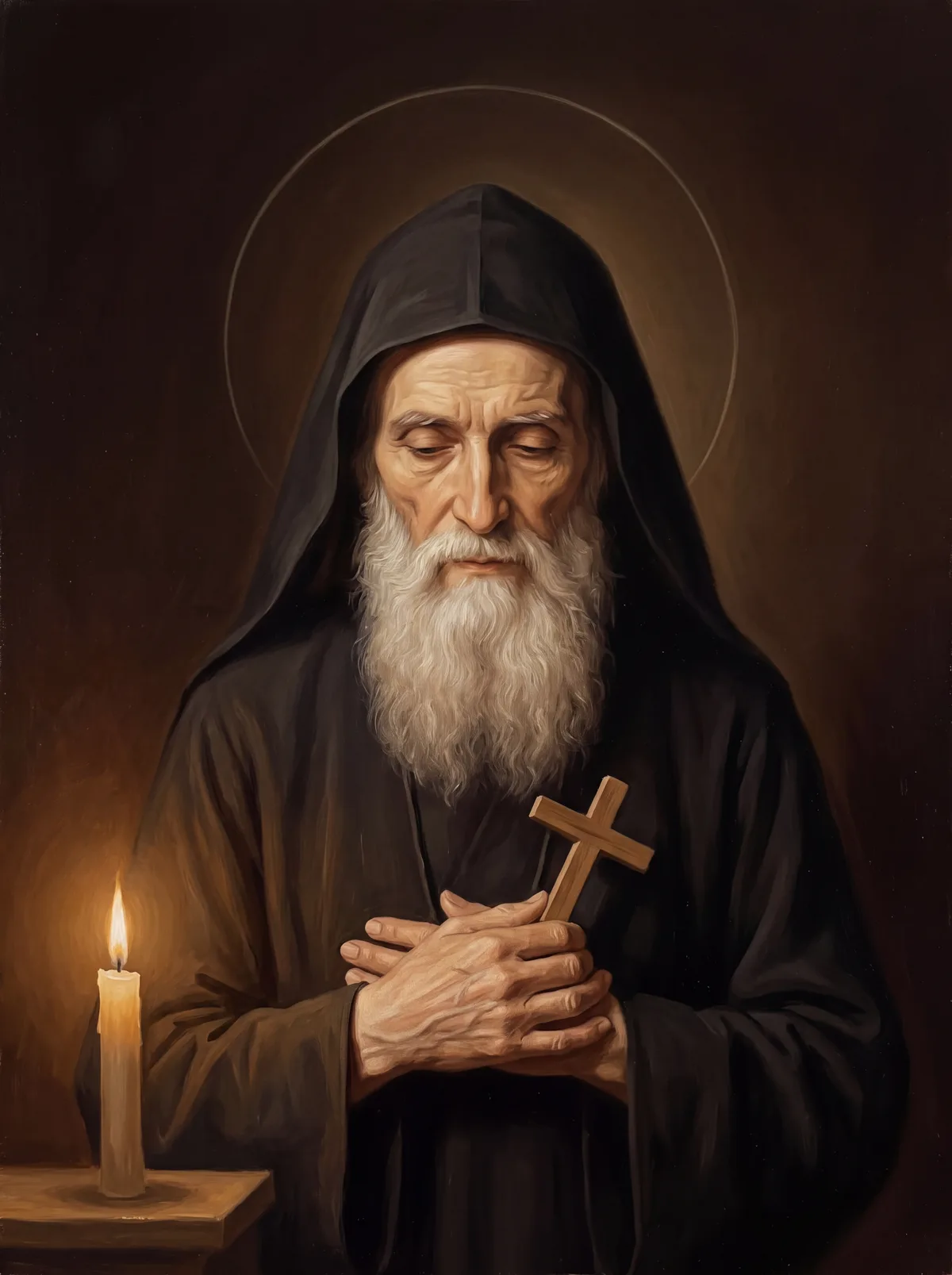 San Charbel con el hábito negro de monje y la capucha puesta, barba blanca, los ojos bajos y las manos juntas