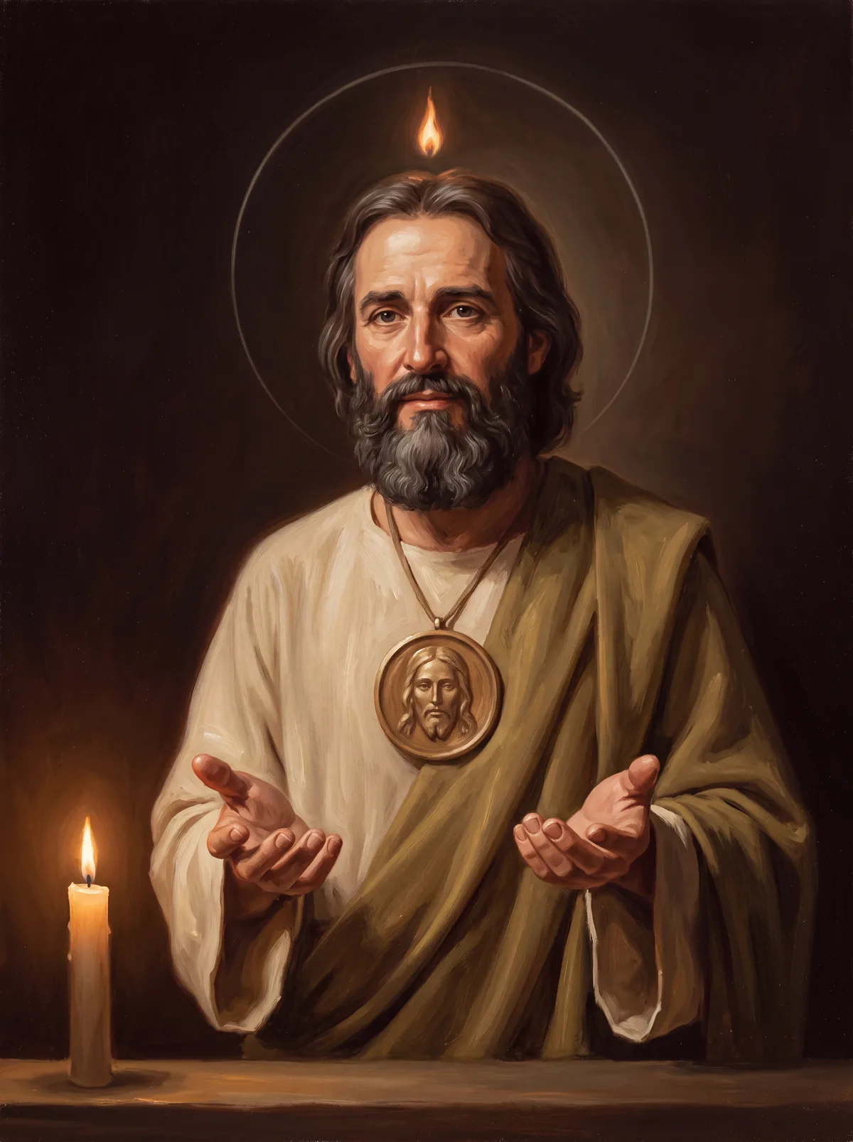 San Judas Tadeo con las manos abiertas en gesto de intercesión y el medallón del rostro de Cristo en el pecho