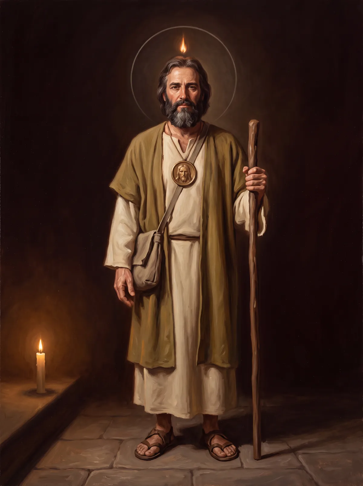 San Judas Tadeo vestido de caminante, con su bastón, el zurrón al hombro y el medallón del rostro de Cristo