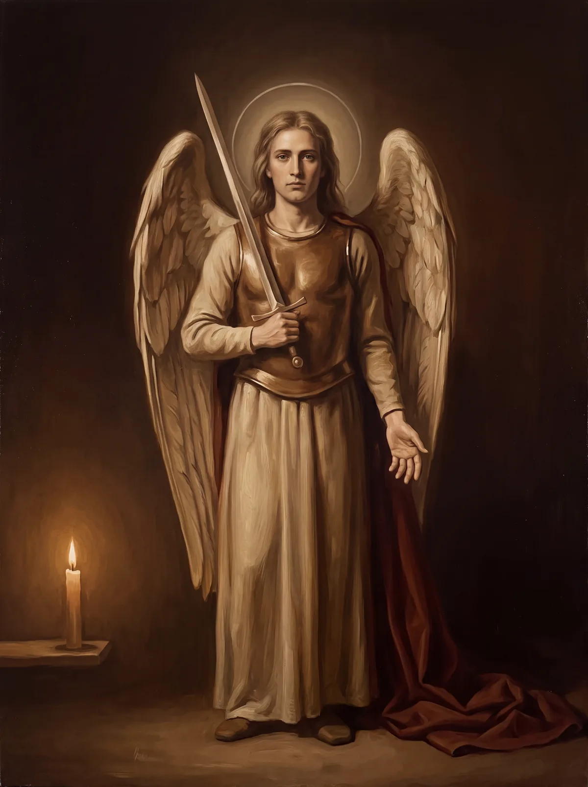 San Miguel Arcángel con armadura sencilla y las alas recogidas, sosteniendo una espada, con un manto rojo a sus pies