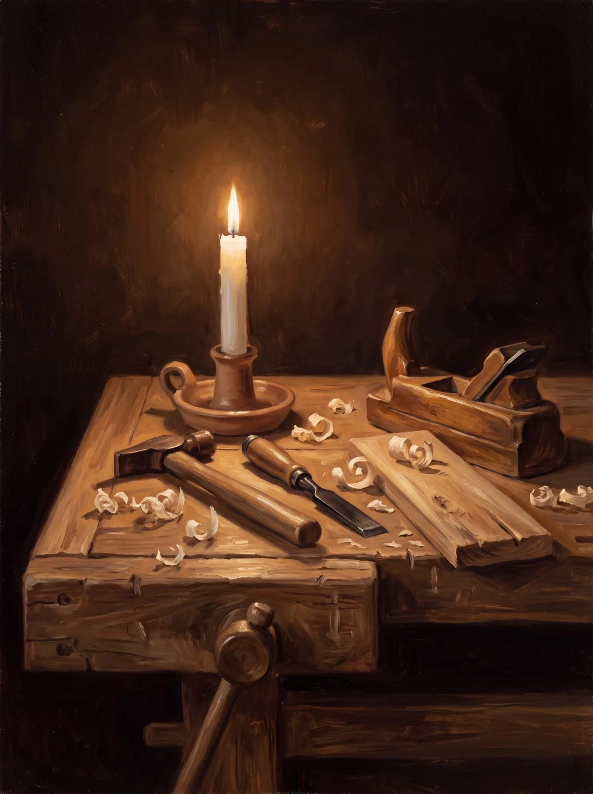 Un martillo, un formón, un cepillo y virutas de madera sobre un banco de carpintero, a la luz de una vela encendida